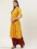 Mustard rayon Angrakha Anarkali kurta with short sleeves, vibrant print for women's ethnic wear, Indian origin