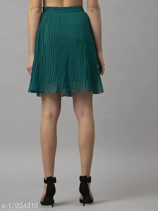 Green polyester solid pleated skirt by Style Quotient for women, size 28