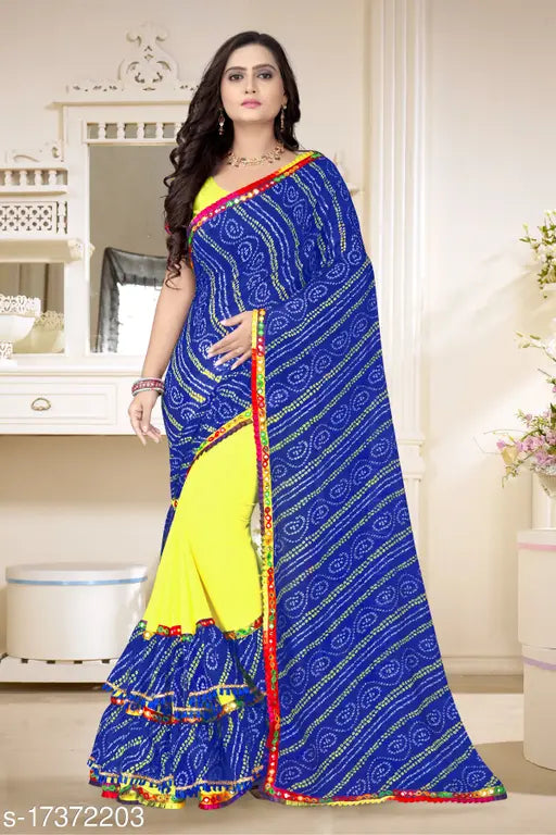 Rich-look party wear saree, Riva Enterprise women's bandhni ruffle Georgette saree with separate blouse piece, printed pattern similar to saree, Indian origin