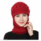 Red knit wool hat with ski visor and neck warmer, ideal for winter sports