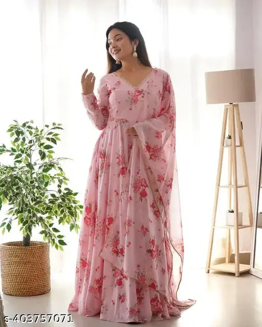 Navy blue Georgette Priya print gown with long sleeves, floral pattern
