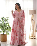 Navy blue Georgette Priya print gown with long sleeves, floral pattern