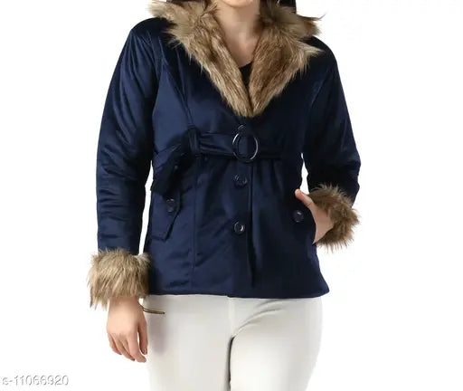 Navy imported velvet fur collar women's winter jacket, solid navy velvet with long sleeves and fur trim on display