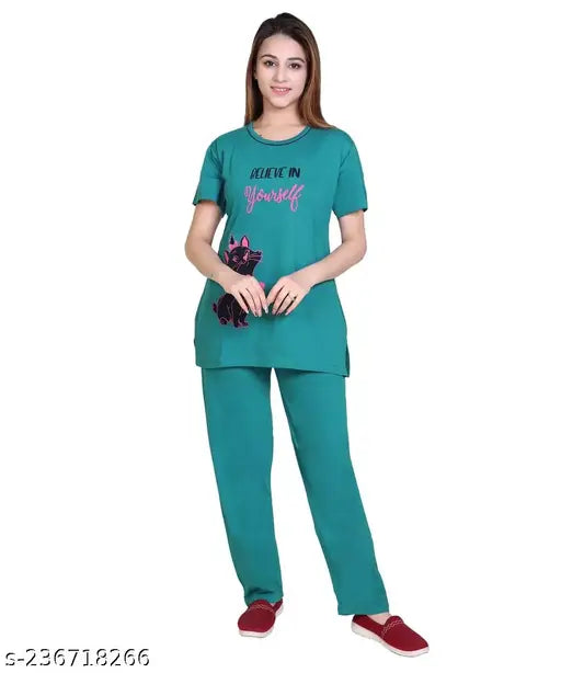 Imported cotton nightsuit for women, Disney and cartoon print pyjama set with short sleeves and velvet fabric