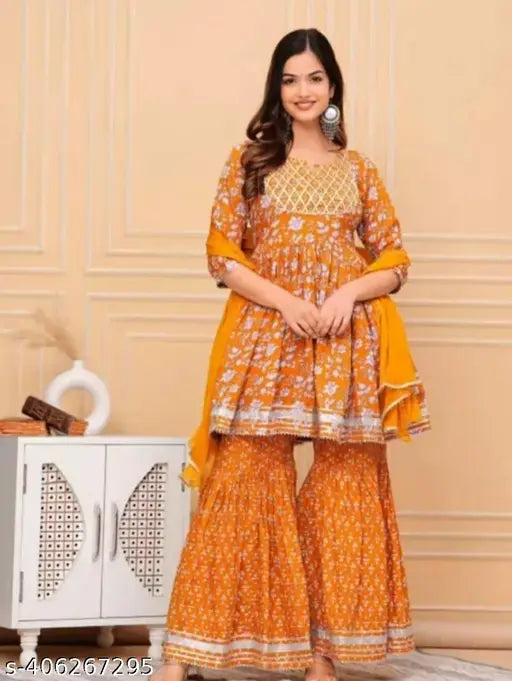 Mustard rayon sharara and duppata set, printed with gota work, traditional Indian wedding dress
