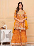 Mustard rayon sharara and duppata set, printed with gota work, traditional Indian wedding dress