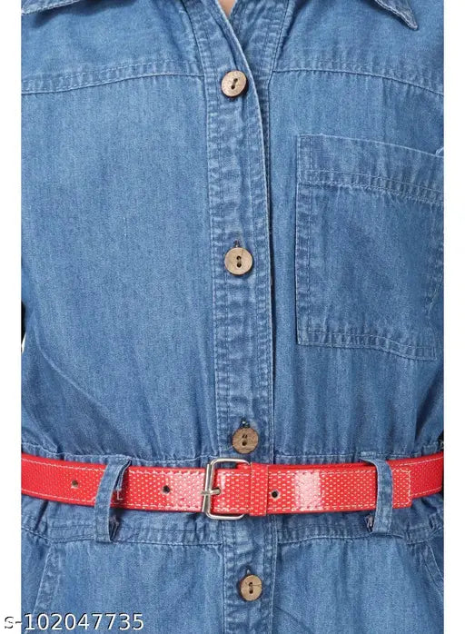 Kunzie denim blue girls' frock with belt, long-sleeved dyed/washed denim dress for 7-8 or 8-9 years, Indian made clothing