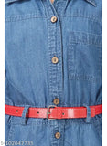 Kunzie denim blue girls' frock with belt, long-sleeved dyed/washed denim dress for 7-8 or 8-9 years, Indian made clothing