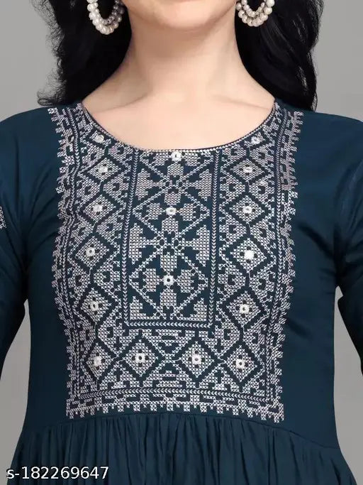 Blue viscose Reyon Anarkali kurti, embroidered round neck with three-quarter sleeves. Stitched for women's fashion, breathable and comfortable