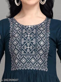 Blue viscose Reyon Anarkali kurti, embroidered round neck with three-quarter sleeves. Stitched for women's fashion, breathable and comfortable