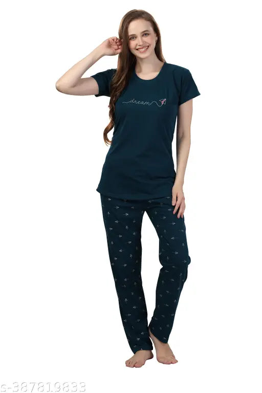 Teal hosiery cotton printed half-sleeve nightsuit top and pyjama pants, ideal for sleepwear and loungewear
