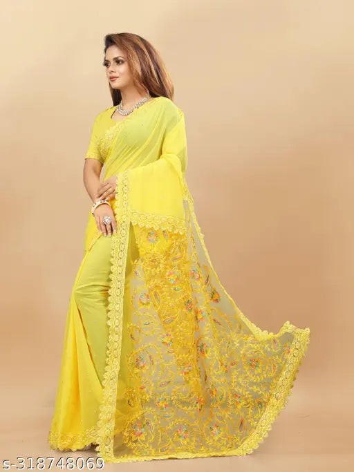 Yellow Georgette embroidered saree, upgrading ethnic wardrobe for parties, weddings, festive wear