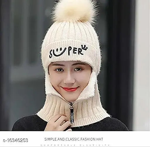 Solid arcylic, warm woolen faux fur pompom cap with face mask - PinKit Women's & Girls winter accessory