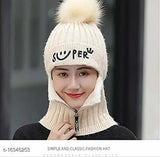 Solid arcylic, warm woolen faux fur pompom cap with face mask - PinKit Women's & Girls winter accessory