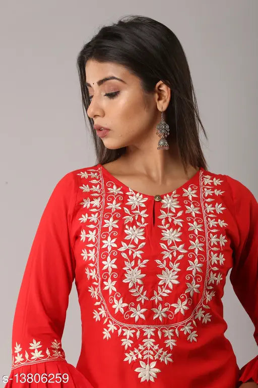 Rayon embroidered kurta set with solid pocket palazzo, featuring beautiful floral work on three-quarter sleeves, from MAUKA - India