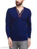 Navy blue solid v-neck cotton t-shirt for men, long sleeves, size L, made in India