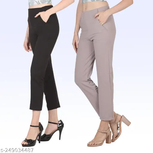 Poly blend solid-colored elegant cross-pocket trousers for women and girls (pack of 2), available in sizes 26, 28, 30, 32, 34, 36, made in India