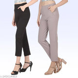 Poly blend solid-colored elegant cross-pocket trousers for women and girls (pack of 2), available in sizes 26, 28, 30, 32, 34, 36, made in India