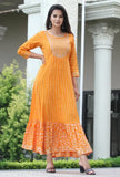 Orange rayon embroidered Anarkali Kurta, Indian traditional striped design with sequins and tassels