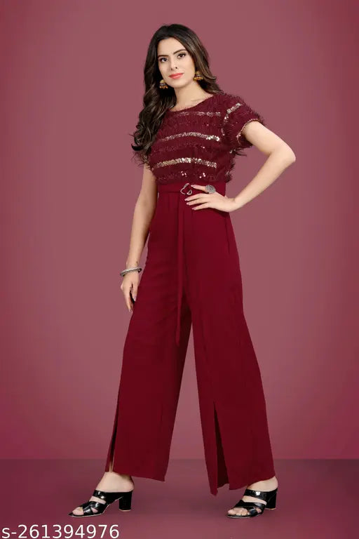 Maroon embellished lycra jumpsuit for women, short sleeves and net pattern detail on mannequin