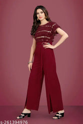 Maroon embellished Lycra jumpsuit for women, short sleeves and net pattern detail on model