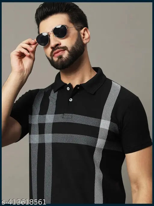 Hushbucks men's cotton blend polo t-shirt, short sleeves, printed net design - M (Chest 40in, Length 27in), India