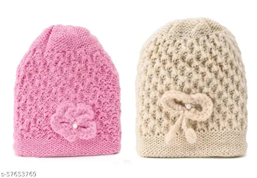 Woolen 2-pack winter cap for women & girls, soft & stretchable, trendy woolen beaded design - Made in India