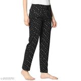 Women's printed straight-fit black cotton blend trousers, size 32 (waist 30in, length 38in), India origin