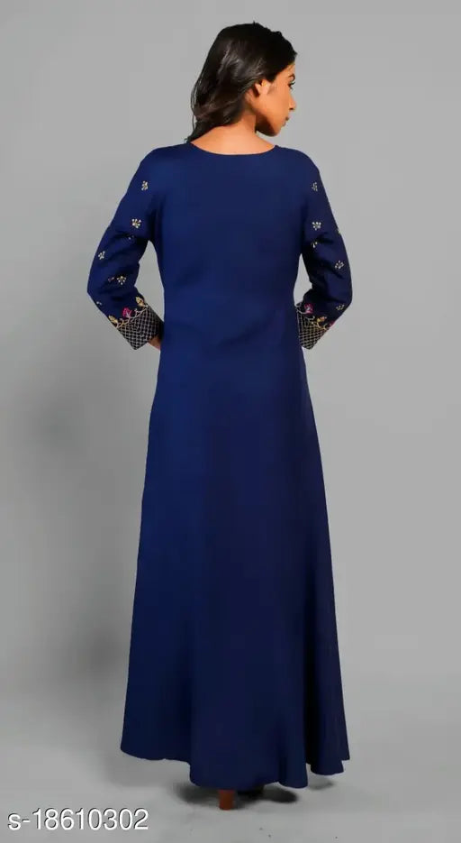 Blue IBBA Women's embroidered rayon A-line kurta with three-quarter sleeves, traditional Indian attire on model