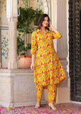 Yellow rayon kurti plajo set with printed net palazzos, short-sleeved Indian fashion for women