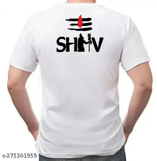 White polyester round neck t-shirt with Trishul, Mahadev, and Mahakal sublimation printing on both sleeves, high quality Sarina design. Sizes: S (38in chest, 25in length), M (40in chest, 26in length), L (42in chest, 27in length), XL (44in chest, 28in length), XXL (46in chest, 29in length). Made in India