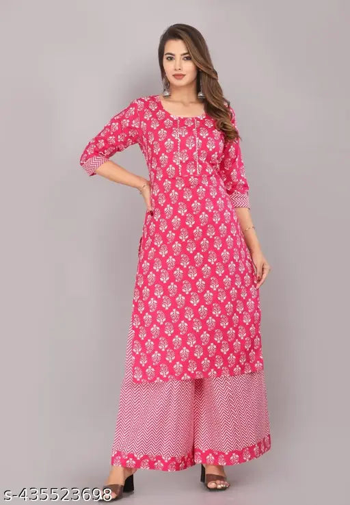 Women's pink cotton kurta pant set, three-quarter sleeves, printed net pattern, India origin