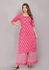 Women's pink cotton kurta pant set, three-quarter sleeves, printed net pattern, India origin