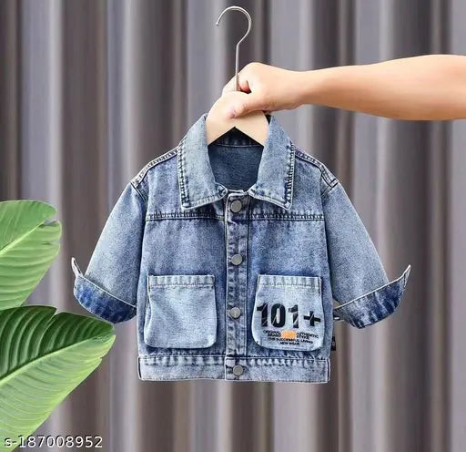 Blue denim jackets for kids combo: long-sleeved printed style in 18-24M, 1-2Y, 2-3Y, 4-5Y, 6-7Y. Made in India