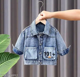 Blue denim jackets for kids combo: long-sleeved printed style in 18-24M, 1-2Y, 2-3Y, 4-5Y, 6-7Y. Made in India