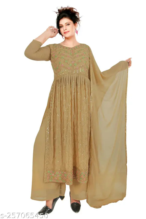Embellished georgette Kurti with Palazzos and net Dupatta, Indian fashion for women in M/L/XL sizes