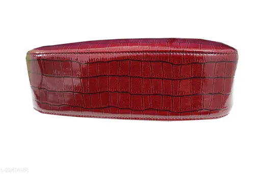Red synthetic slingbag handbag with crocodile leather print, short handle, self-designed pattern, free size (L24in x W7in x H14in), made in India