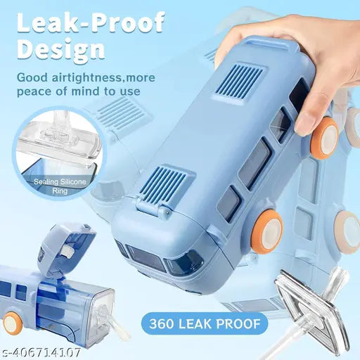 Blue Plastic Kids Bus Shaped Leak-Proof Water Cup with Straw, Detachable Design, and Shoulder Strap