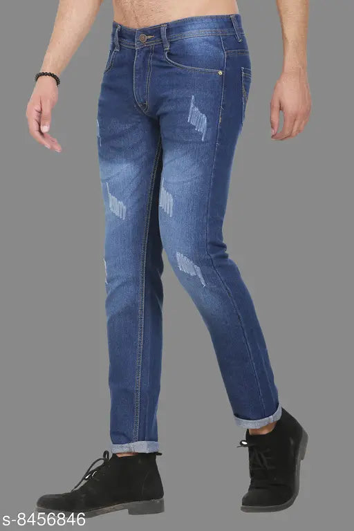 Men's polycotton damaged blue jeans, solid pattern, size 30/32/34/36 (waist 30-42in, length 42in, hip 36-42in), vintage style from India