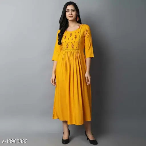 Yellow rayon straight kurti with embroidery, three-quarter sleeves for women, made in India