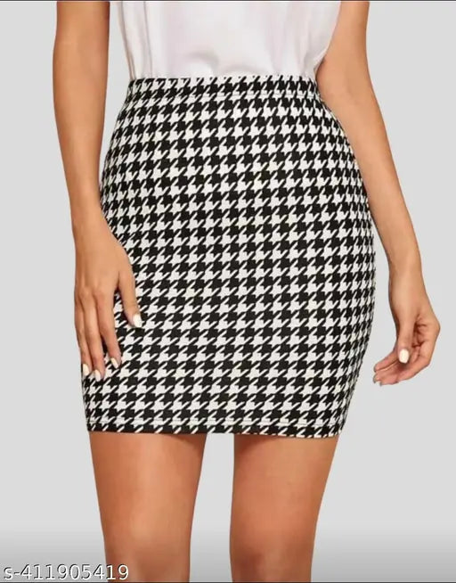 Houndstooth cotton blend pencil skirt for ladies, printed net pattern in size 26, 28, 30, or 32. Made in India