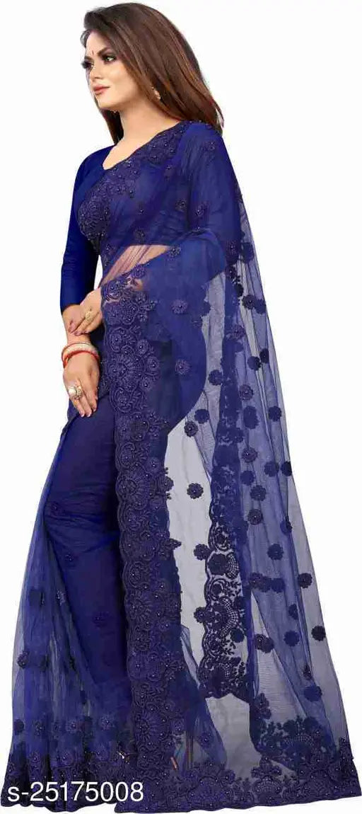 Embroidered net party wear saree with satin blouse, vibrant colors, hand-worked stones & rivets. Indian made, free size (5.5m saree length, 1m blouse length)