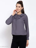 Grey polyester long-sleeved top, three-quarter sleeves, solid pattern, lace-up v-neck with flounce and balloon sleeve - Style Quotient Women's top on mannequin