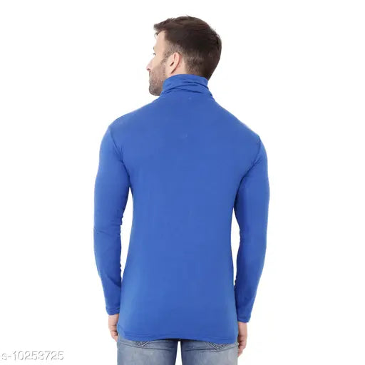 Blue cotton blend long sleeves high neck t-shirt on hanger, solid pattern