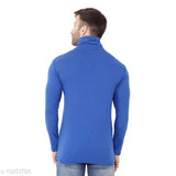 Blue cotton blend long sleeves high neck t-shirt on hanger, solid pattern