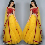 New Work yellow satin-net semi-stitched lehenga choli with embroidered top and net dupatta, Indian bridal wear