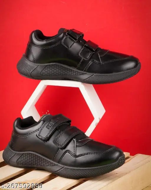 Kids synthetic leather school shoes for boys, black or white, buckle fastening, suitable for ages 2-12 years