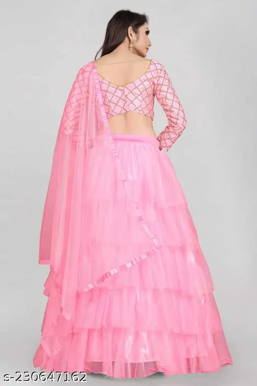 Fancy satin Lengha Choli & net Dupatta with embroidery, solid patterns. Unstitched Indian fashion for kids aged 1-10 years, three-quarter sleeves