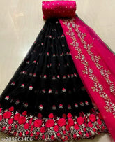 Embroidered net dupion lehenga choli with semi stitch, heavy thread work, free size (44in waist, 43in length)
