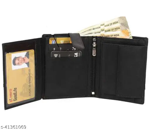 Black faux leather men's wallet, two-fold design with textured pattern. Imported classy mens wallet by BULLFINCH